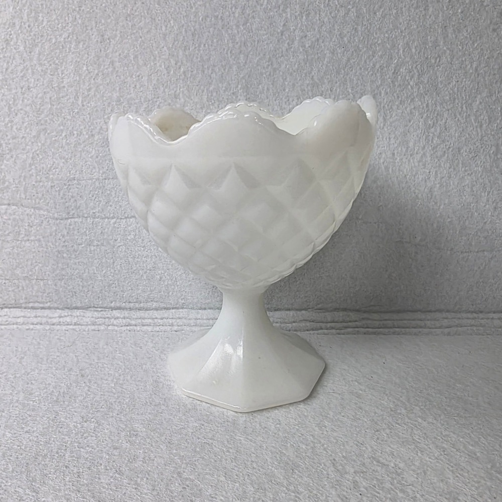 Vintage Napco White Milk Glass Diamond Point Footed Compote Bowl 1184 USA 5.5in
